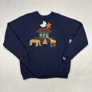 Vtg Noahs Ark Sweatshirt Applique Animals Bible Church USA Granny Navy Teacher